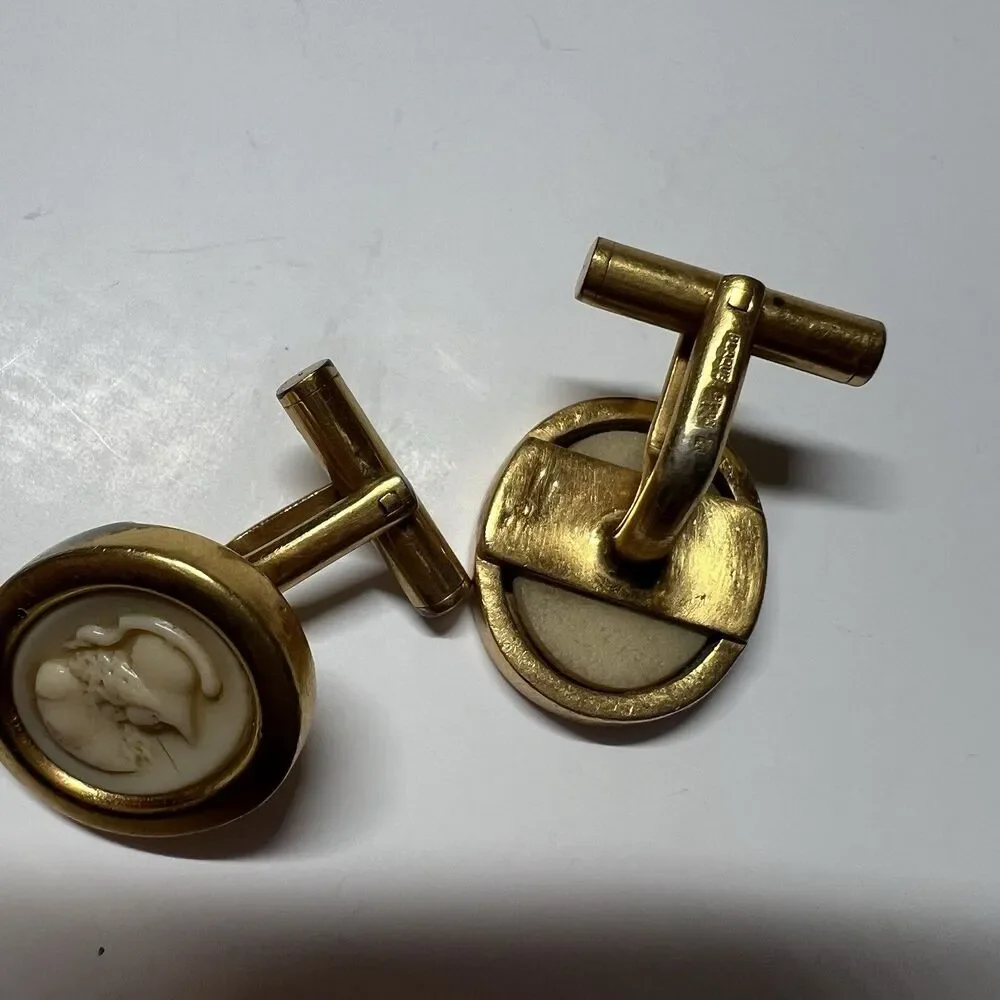 Vintage French Hallmarked Cameo Cufflinks Plaque Mark Warrior Oval